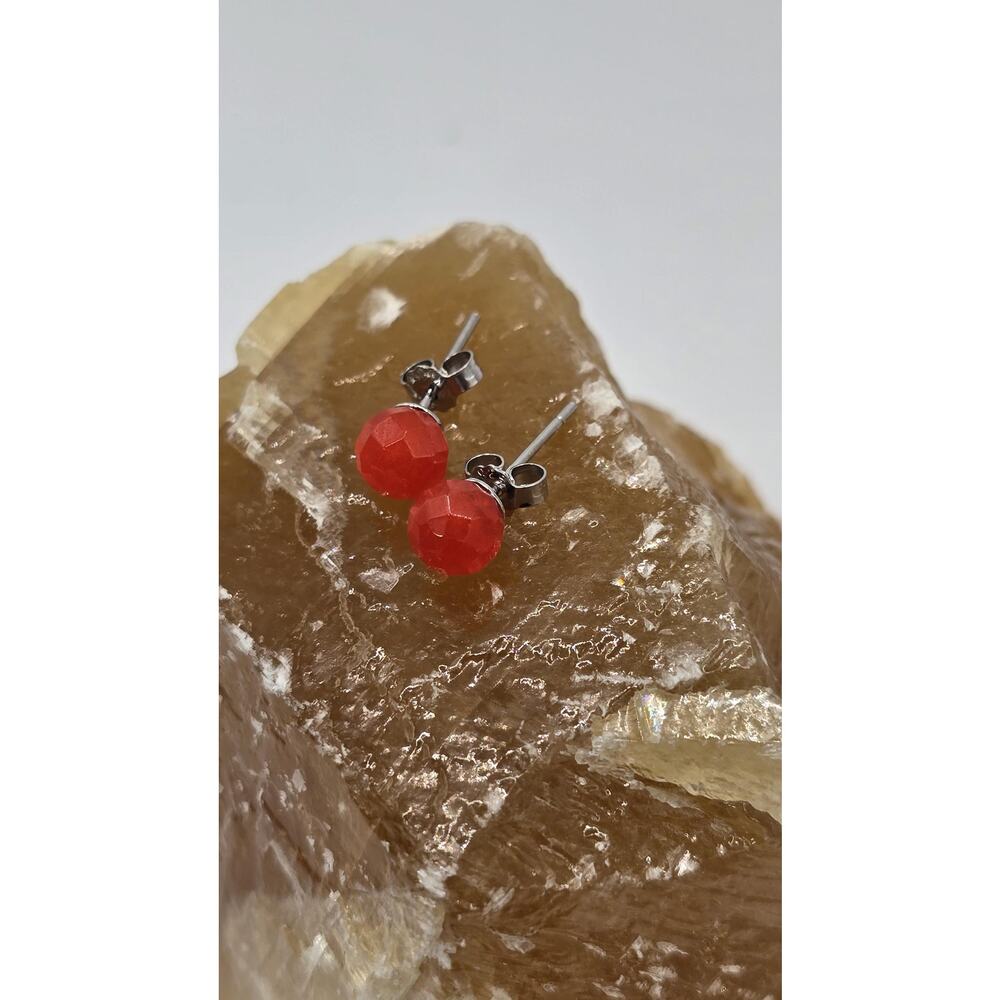 Vibrant Faceted Red Jadeite Gemstone Earrings.